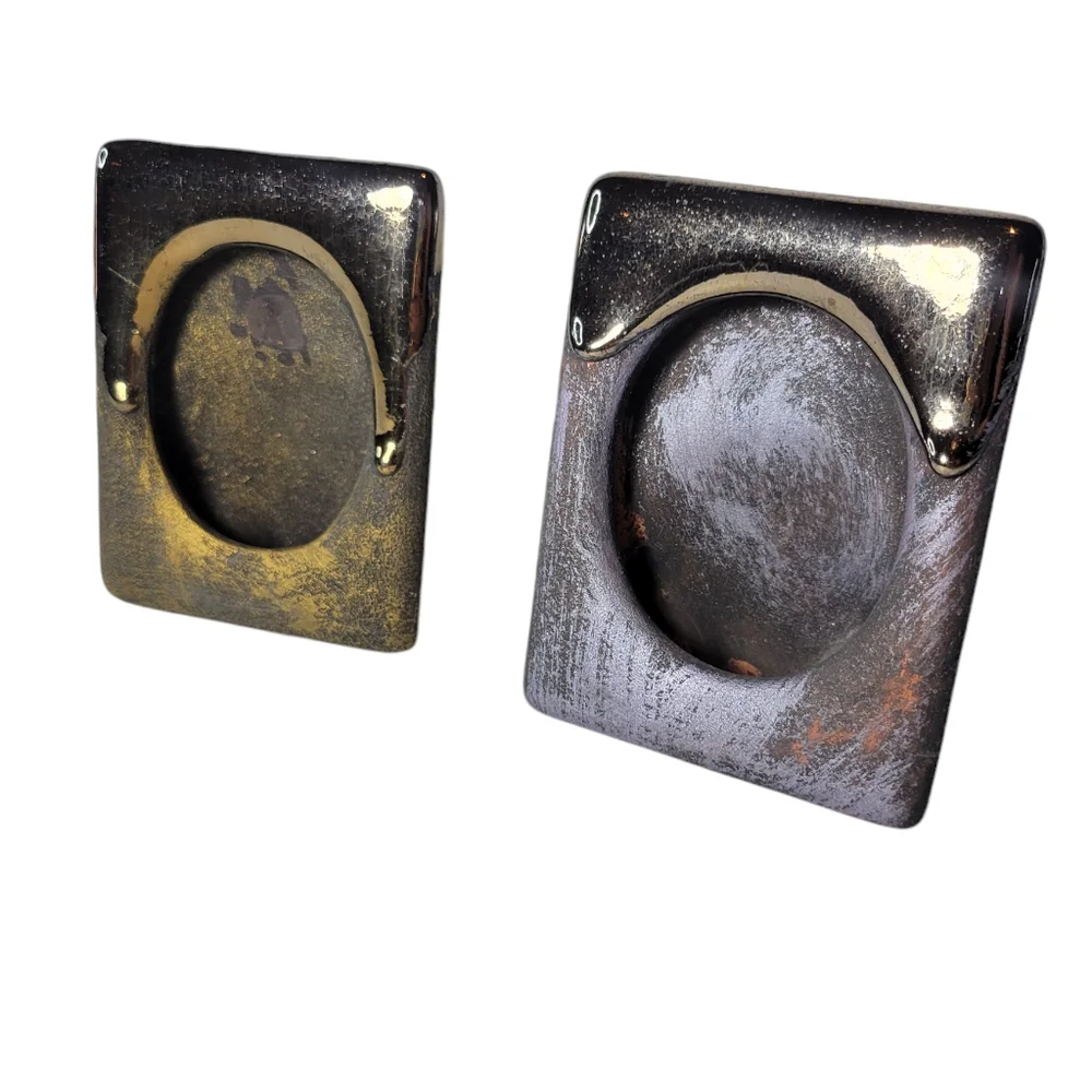 Rustic metallic glazed pottery picture frames set of 2 gold gray